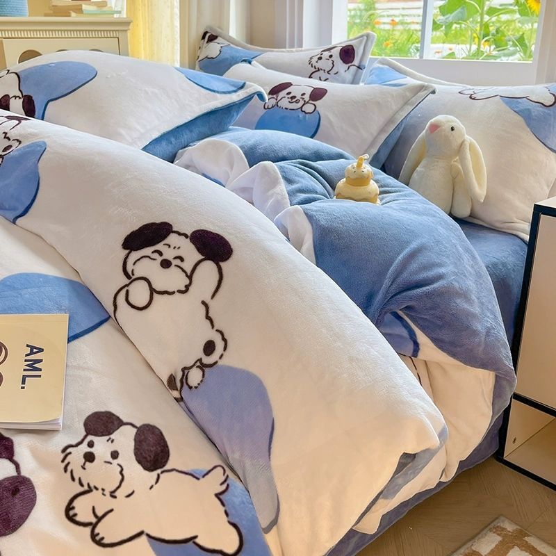 Invierno leche de cama de lana de cuatro piezas con una brida de lana de coral gruesa sábanas cubiertas de dibujos animados para niños con tres piezas