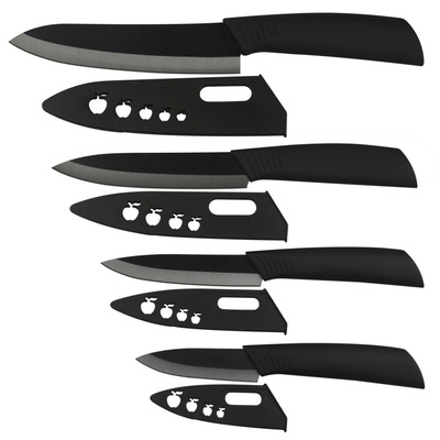 彩色手柄陶瓷刀4件套 黑刃黑柄水果刀削皮刀瓜果刀具套装赠送刀套|ru