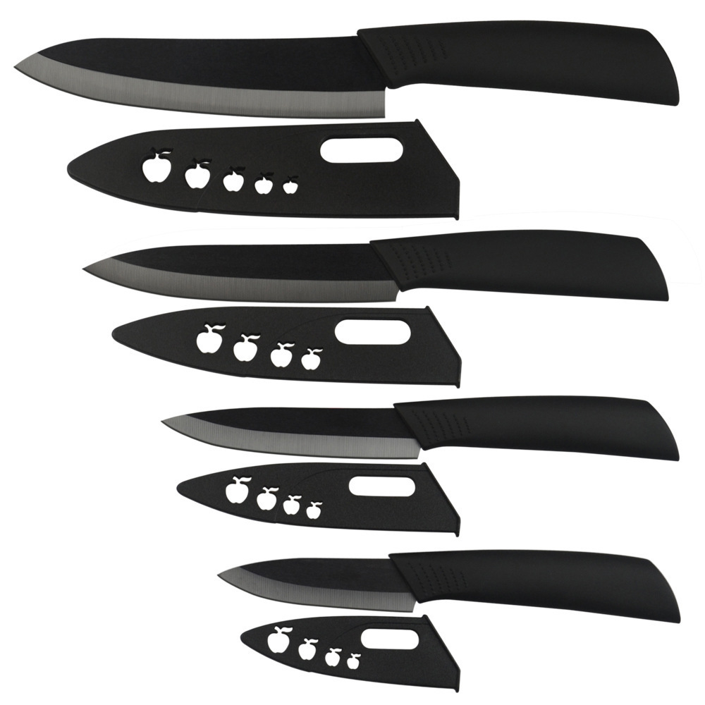 彩色手柄陶瓷刀4件套 黑刃黑柄水果刀削皮刀瓜果刀具套装赠送刀套|ru