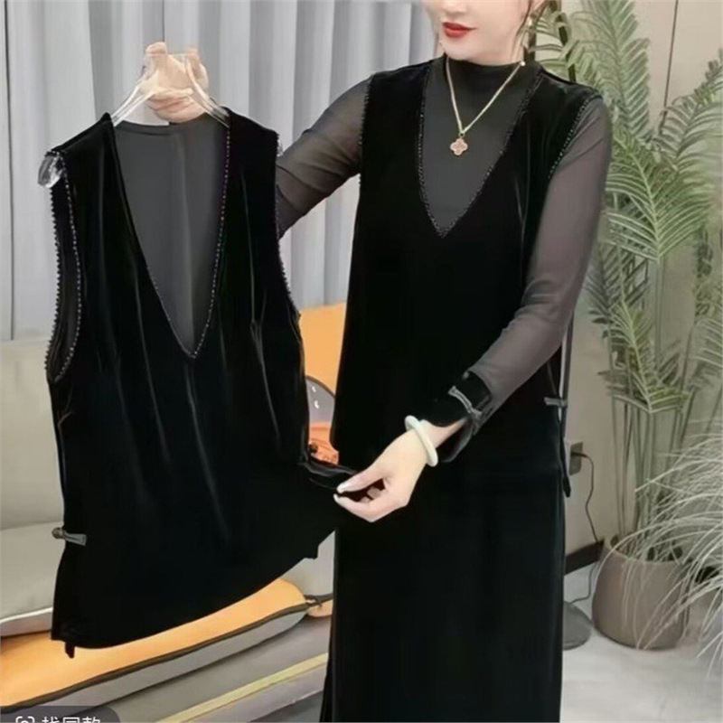 Dropshipping 2025 Spring and Autumn New Fashion Suit for Women V-Neck Versatile Velvet Vest + Mesh Long Sleeve Slim Fit Dropshipping 2025 Spring and Autumn New Fashion Suit for Women V-Neck Versatile Velvet Vest + Mesh Long Sleeve Slim Fit