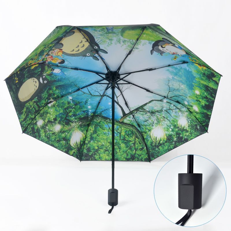 Umbrella for Both Sunny and Rainy Weather, Foldable Sunshade with Black Coating for Sun Protection and Uv Protection, with Totoro Pattern Inside, Portable for Students
