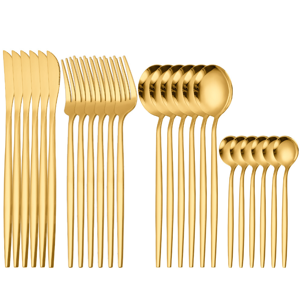 En stock de acero inoxidable chapado en oro vajilla occidental de cuatro piezas principales cuchillo, tenedor y cuchara suministro transfronterizo conjunto de 24 piezas traje de vajilla portuguesa