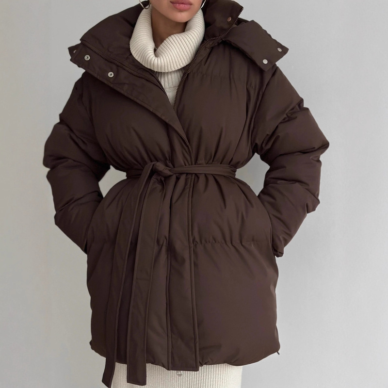 European and American Style 2026 Casual Waist-Cinching Slimming Hooded Mid-Length Puffer Jacket for Women, Thick Cotton Coat, Brown