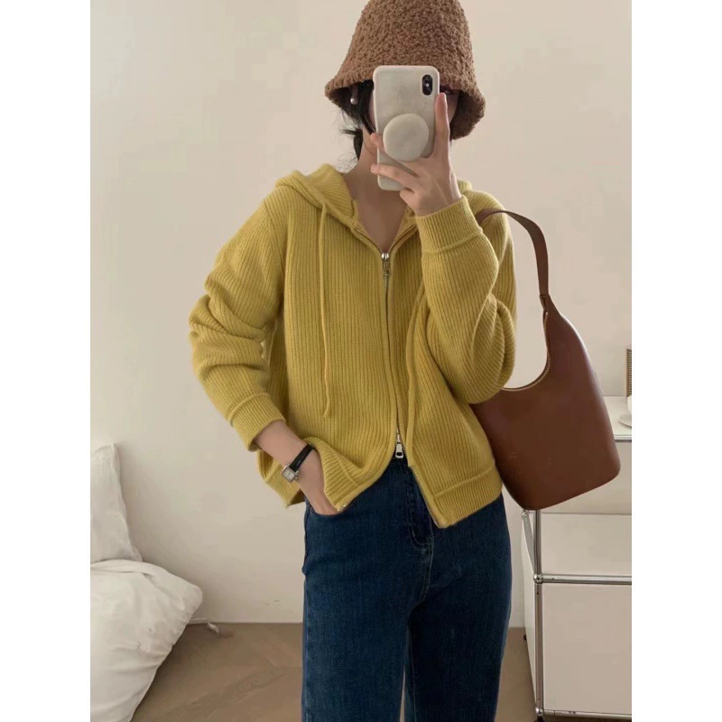 2024 осень новый трикотажный кардиган женский корейский свободный повседневный допамин яркий цвет свитер на молнии куртка