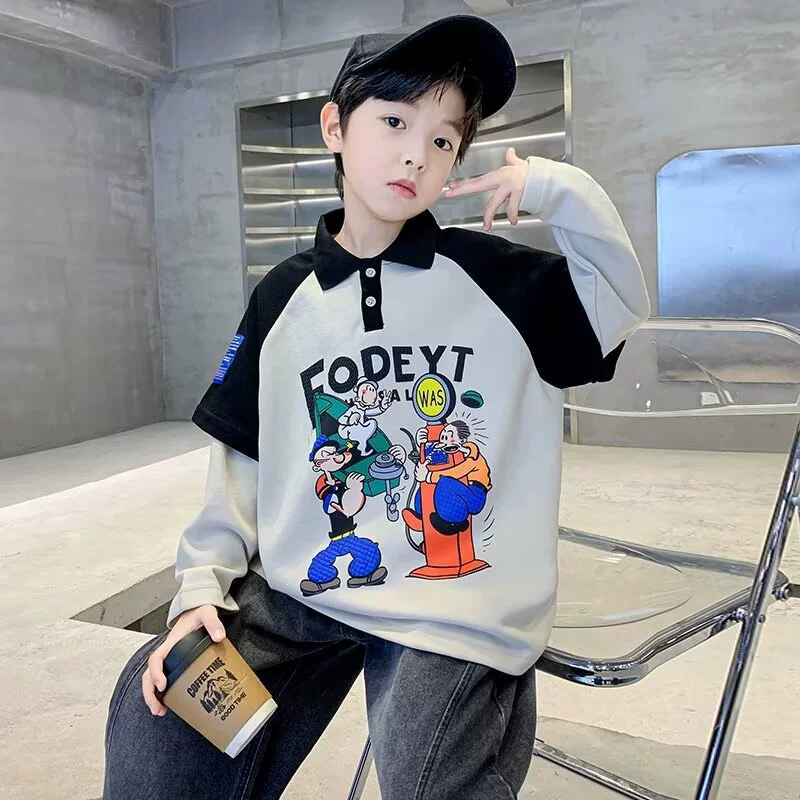 Мальчик поддельные две толстовки весна осень 2024 новый детский костюм большой мальчик осенний поло рубашка с длинными рукавами