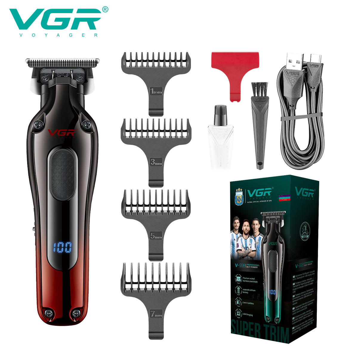 Cortapelos eléctrico VGR998 para hombre, recargable por USB, para uso doméstico, con pantalla digital y función de marcado._voghion.com