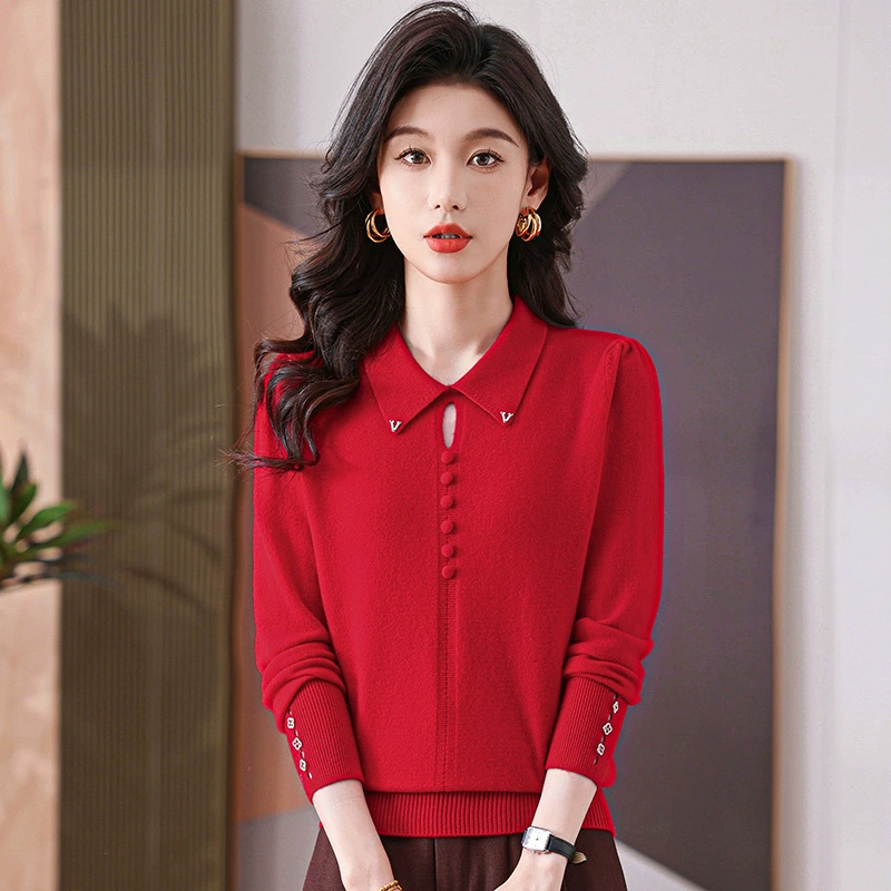 2025 весна и осень новый дикий лацканы футболка с длинными рукавами женский свитер рыхлый мясной топ трикотажный нижний свитер