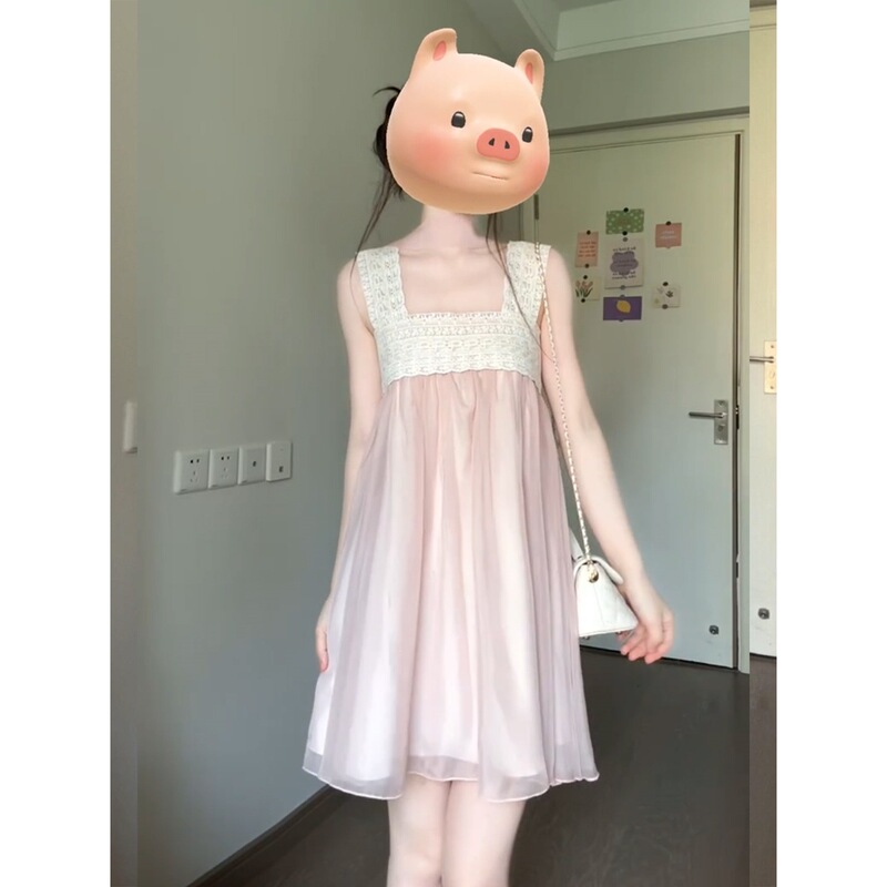 2026 New French Style First Love Pink Lace Square Neck Mesh Dress for Women, Beautiful Short Dress for Summer Vacation 2026 New French Style First Love Pink Lace Square Neck Mesh Dress for Women, Beautiful Short Dress for Summer Vacation