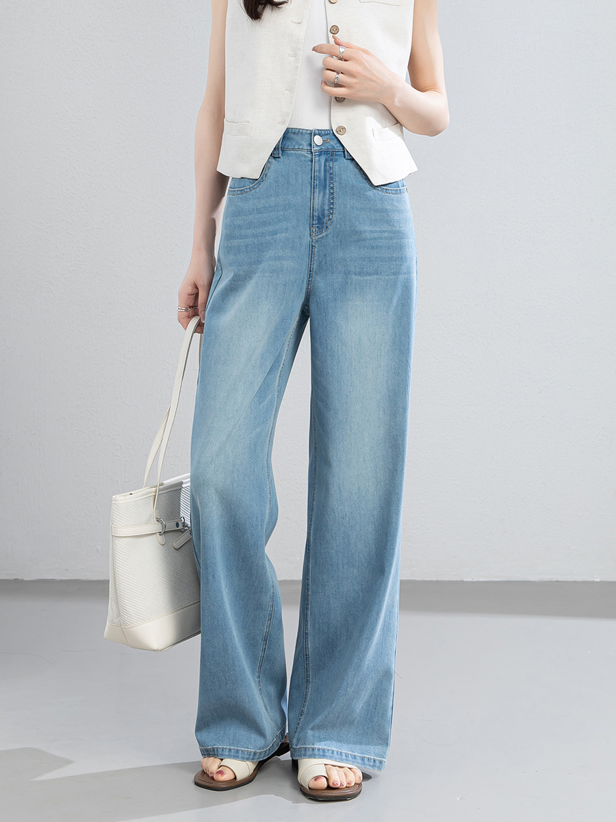 Quần jean nữ cao eo ống rộng dáng suông, chất liệu cotton pha tơ tằm thoáng mát, dài 103 cm — Thông thường - chiều dài quần khoảng 103cm