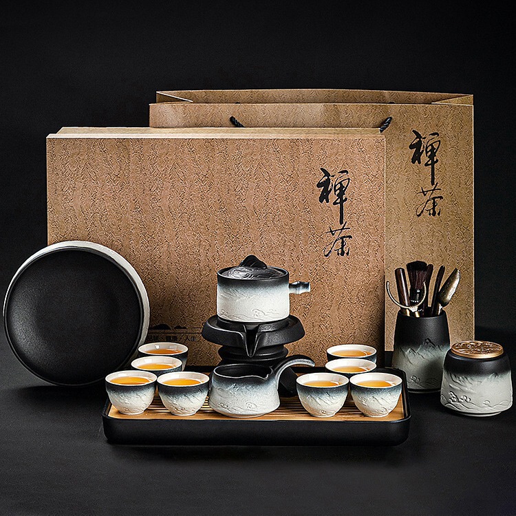 Household tea tray lazy Stone Mill tea making artifact teapot retro light luxury mountain and sea automatic kung fu tea set suit gift box Household tea tray lazy Stone Mill tea making artifact teapot retro light luxury mountain and sea automatic kung fu tea set suit gift box
