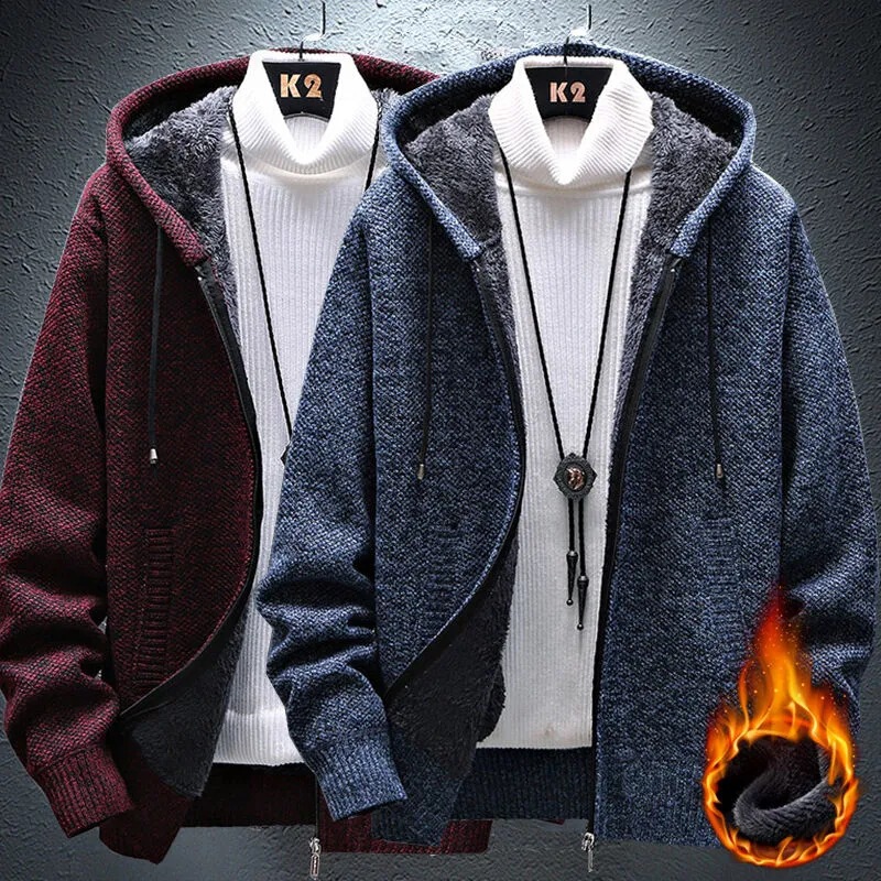 Men's sweater men's cardigan Korean fashion autumn and winter warm hooded coat jacket top [fleece-lined thickening]]