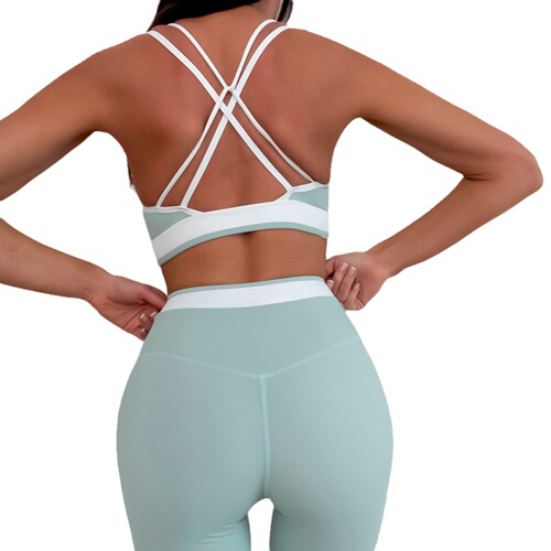 European and American new style contrasting color cross-over beautiful back sports bra fitness pants sleeveless brushed fitness clothing suit running yoga