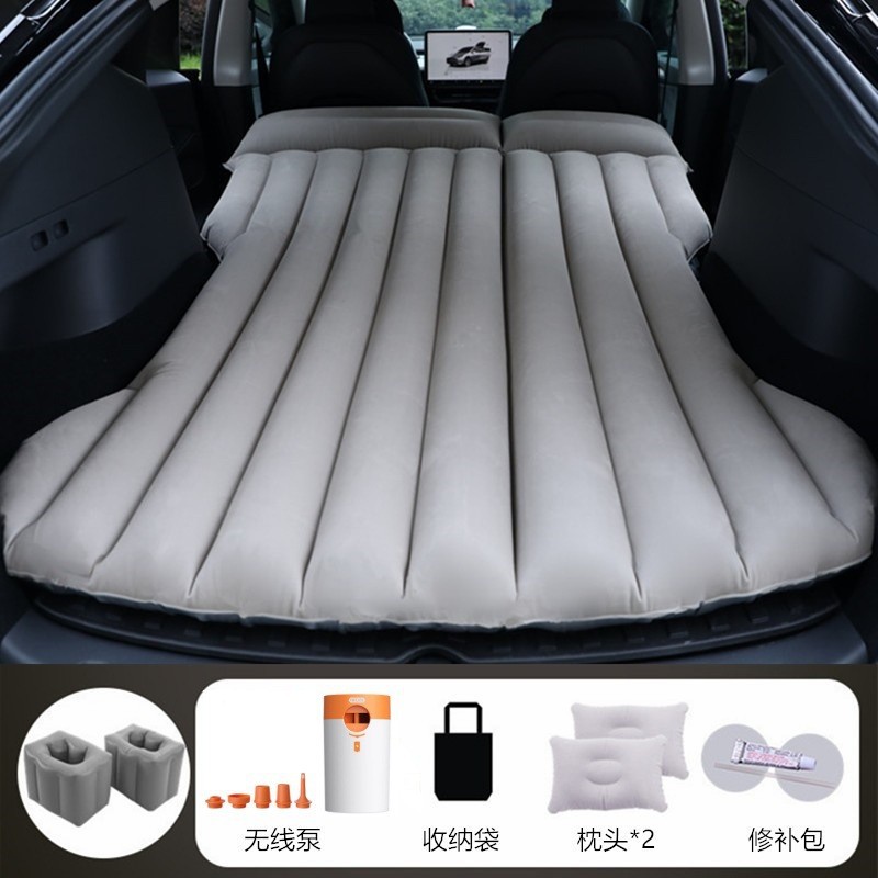 Vehicle-mounted inflatable bed — Shiyong Sleeping Pad Folding - gray-tesla-model-y-with-round-white-orange-pump-square-stool