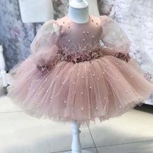 周岁公主裙珍珠缎亚马逊跨境儿童蝴蝶结网纱派对婚礼生日宴连衣裙