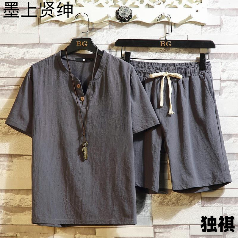 Cotton Linen Short-sleeved Shorts suit Men's Chinese-style Summer Trendy Middle-aged and Elderly Dad Linen Casual Sports Two-piece Set
