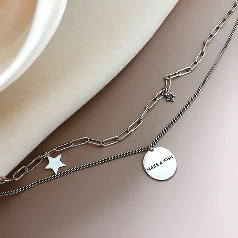 Retro Design Double Star Chain Diamond Round Tag Letter Necklace display picture 6