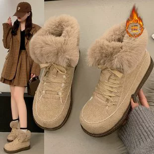 Winter warm non‑slip platform boots, khaki, faux‑fur cuff, sizes 35–40
