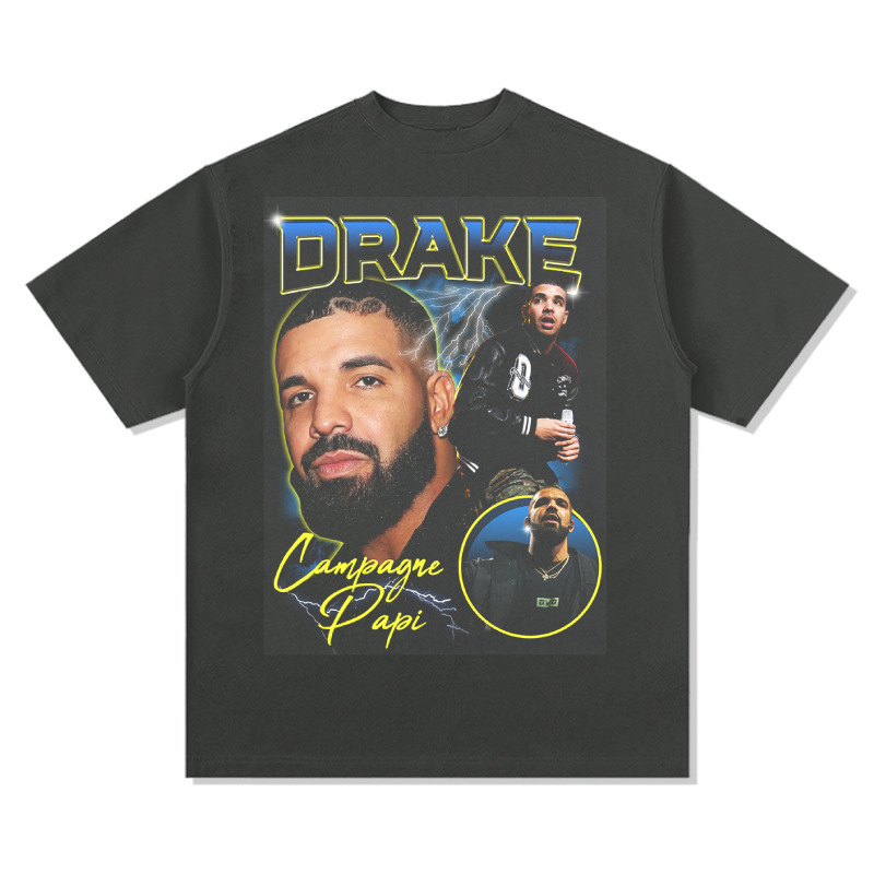 Drake hip hop rap americano estilo callejero estampado retro hace viejo lavado pesado suelto manga corta