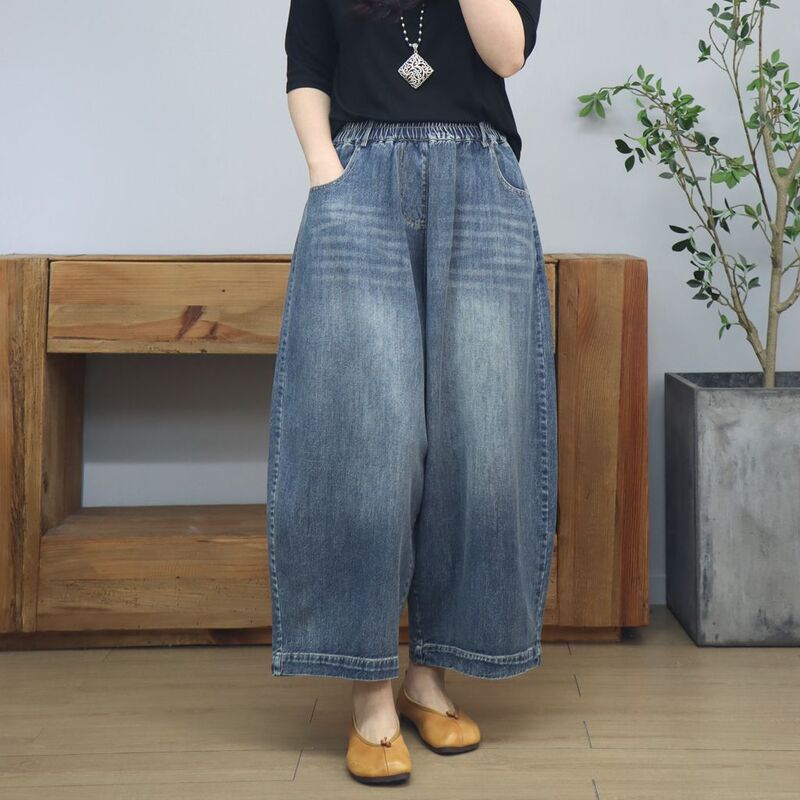 2026 Spring/Summer New Loose Versatile Retro Denim Wide-Leg Pants for Women, Plus Size Simple Slimming Tapered Cropped Pants 2026 Spring/Summer New Loose Versatile Retro Denim Wide-Leg Pants for Women, Plus Size Simple Slimming Tapered Cropped Pants