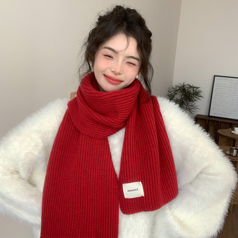 韩系百搭毛线围巾女冬季2025新款小巧学生加厚绿色保暖针织小围脖