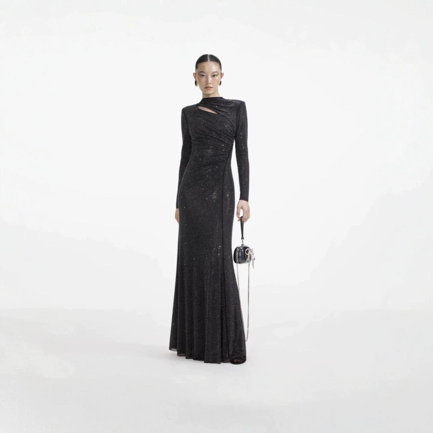 Sexy round-neck long-sleeve women's dress with rhinestones, slim-fit, figure-flattering, bodycon fishtail dress for parties