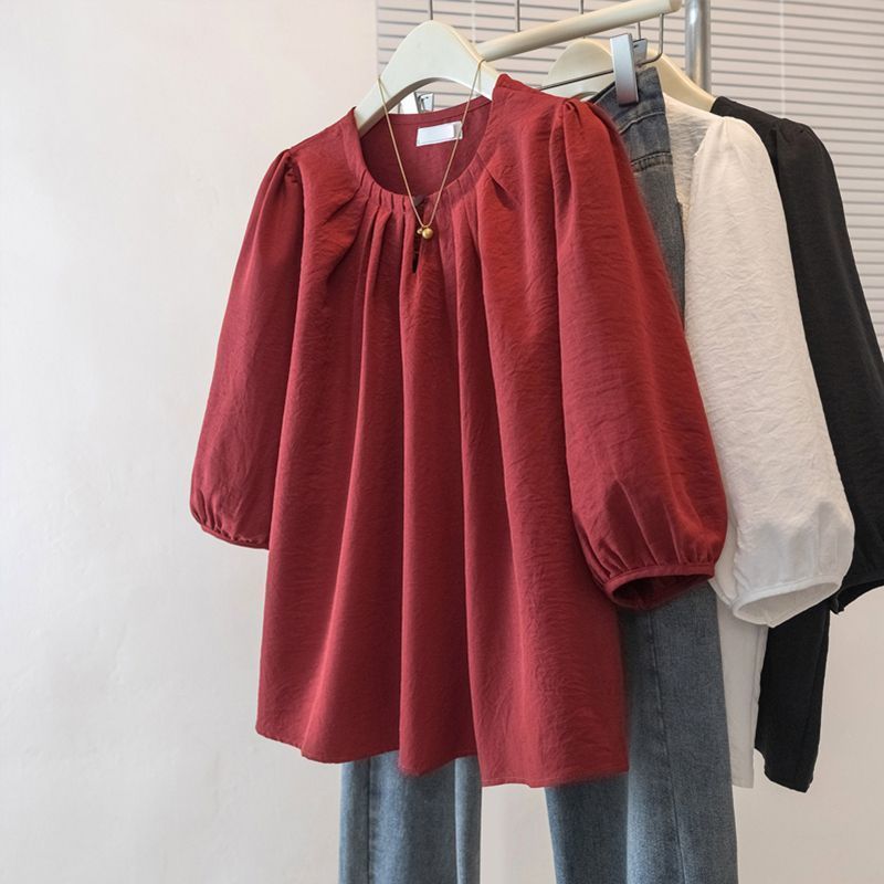 大きいサイズ韓国デザイン無地パフスリーブ Tシャツ女性のための 2025 春夏新作ルーズスリム七分袖トップ|undefined