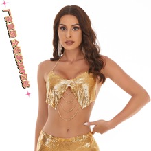 亚马逊纯欲辣妹胸链性感气质高腰短款v领胸垫露背吊带背心女上衣