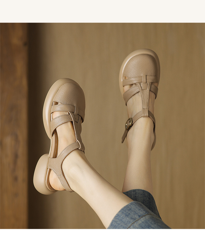 Sandal nữ da cừu mũi kín đế dày gót vuông khóa chữ T phong cách La Mã — Màu trắng be chi tiết 11