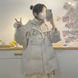 学院风蝴蝶结连帽棉服女冬季新款复古宽松加厚棉衣外套面包服