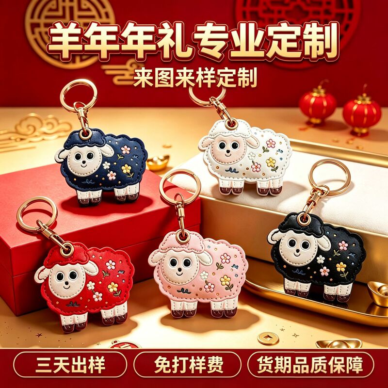 High-quality, stylish new Year of the Sheep gifts: leather keychains, bag charms, gift sets, and custom-made key card holders