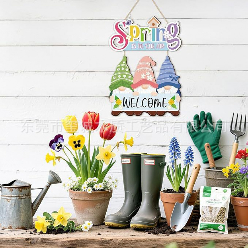 Cross-border wooden hanging door sign with gnomes, decorative door plaque for front door, porch, farmhouse, wooden hanging sign