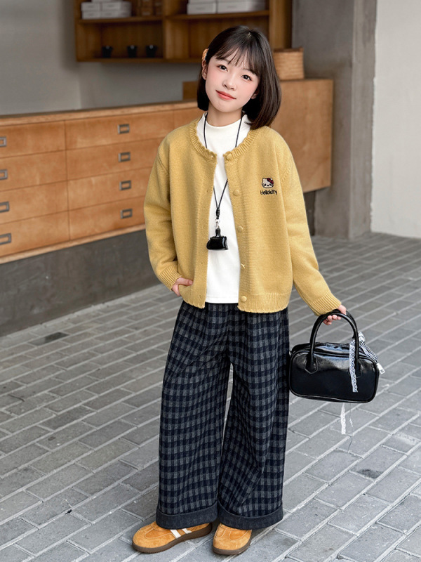 女童毛衣套装春秋款2025新款儿童打底衫中大童秋季格子裤三件套潮|undefined