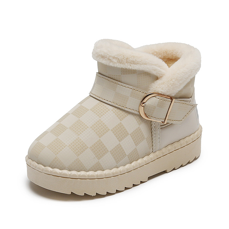 Trendy Girls' Versatile Chessboard Checkered Cotton Boots Winter New Boys' PU Waterproof Snow Boots Children's Plush_voghion.com