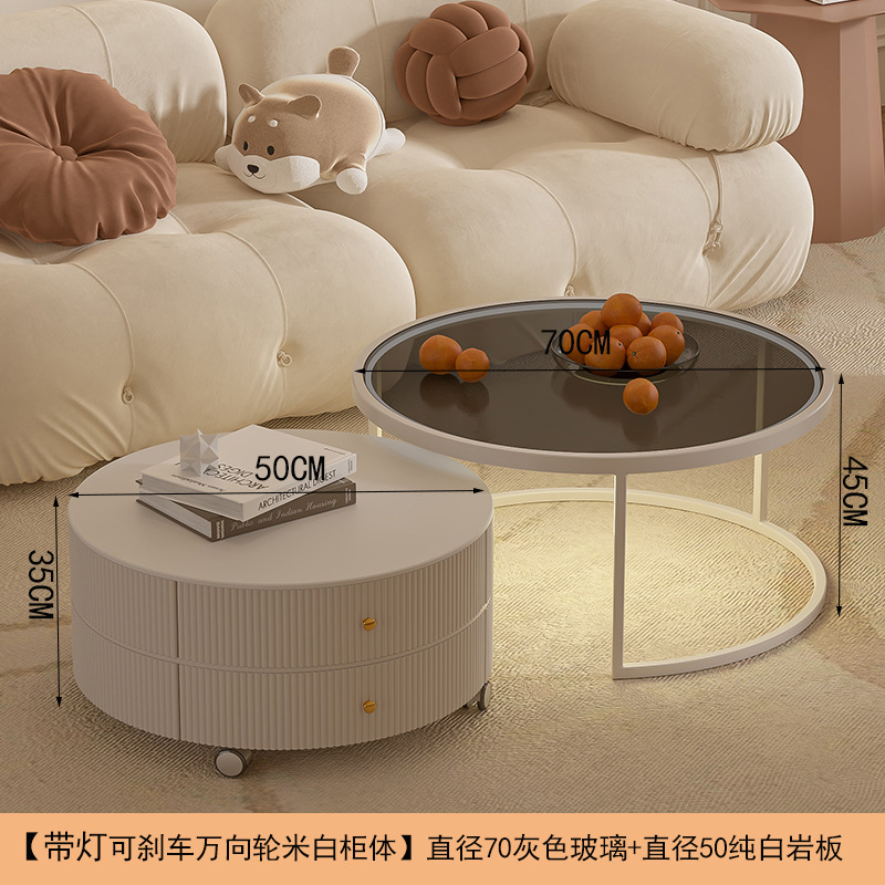[밝은 보편적 인 바퀴가 달린 쌀 흰색 캐비닛] 직경 70 회색 유리 직경 50 순수한 흰색 암석 판