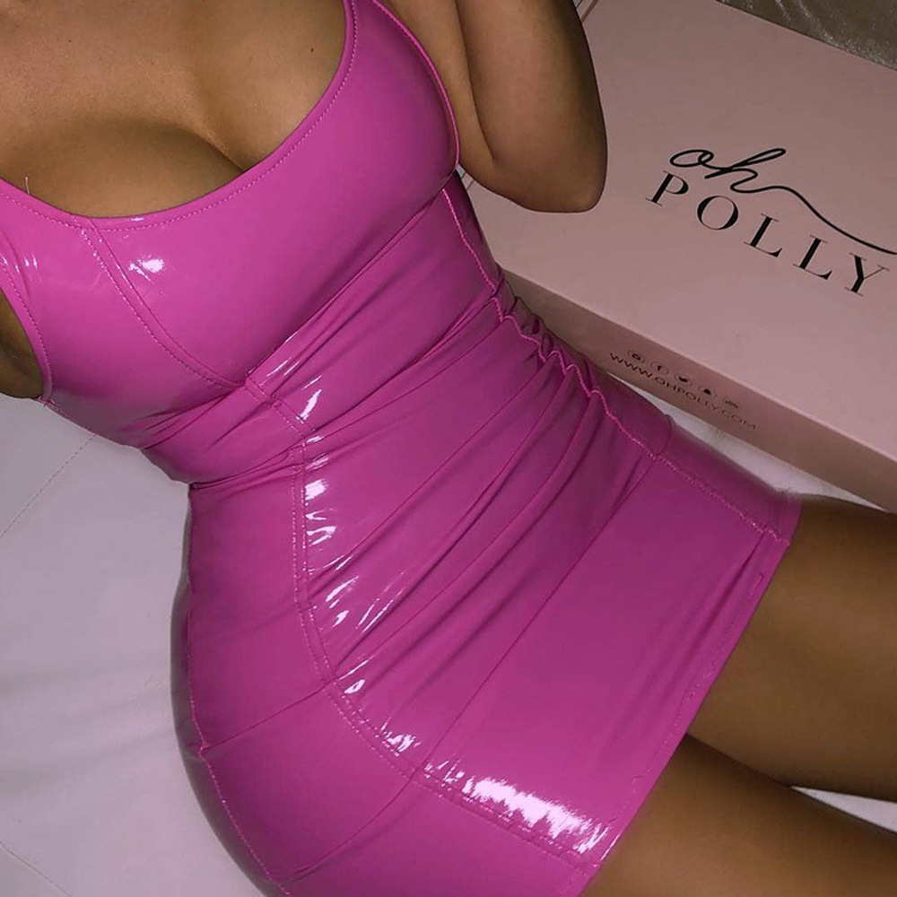 Sexy polyurethane dress sleevless with zipper with a round collar