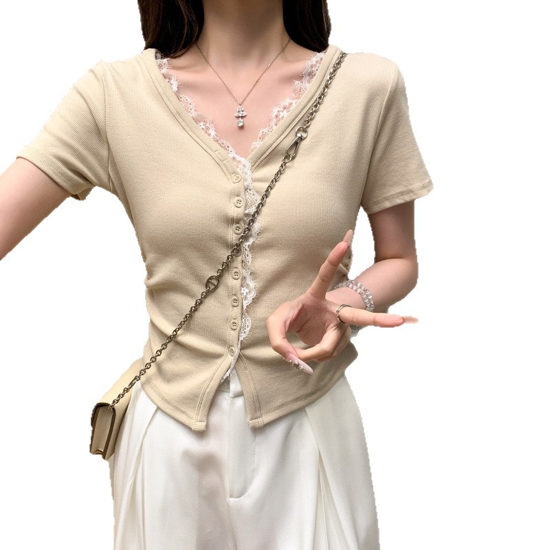 设计感拼接蕾丝V领短袖正肩收腰T恤女春夏季新款修身开衫上衣批发