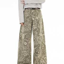 复古腰果花阔腿牛仔裤男女微喇秋季设计感宽松显瘦直筒休闲弯刀裤