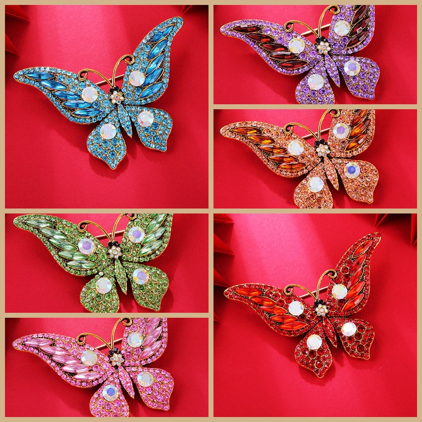 Retro Crystal Diamond Butterfly Brooch for Women, High-End Fashion Animal Insect Corsage Clothing Accessories, Environmentally Friendly Materials