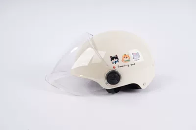Cute 3C Certified Cartoon Three-Character: Motosiklet kaskı (dəbilqə) - beige-transparent-long-mirror-3c-certification