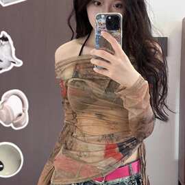 欧美复古印花一字肩长袖T恤女春秋辣妹风修身显瘦不规则抽绳上衣