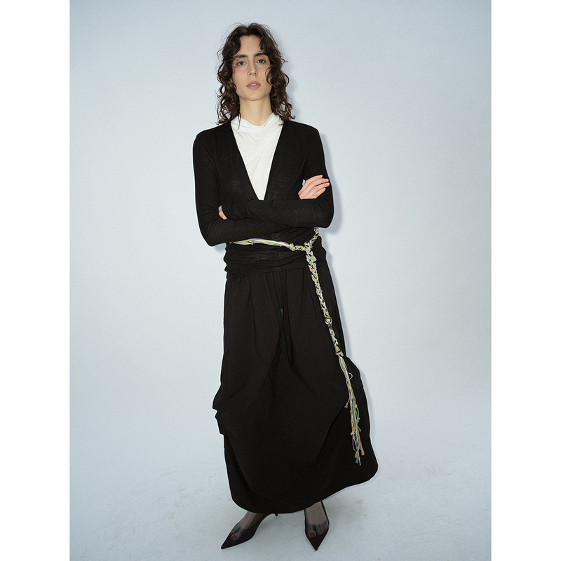 [Time] New Tencel Wool Close-Fitting Zipper-Free Adjustable Deep V Long-Sleeved Pure Color Knitwear for Women V8082