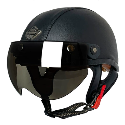 Motosiklet kaskı (dəbilqə) — 3C certification retro helmet men's - black-flat-leather-helmet-w-tea-mirror-m