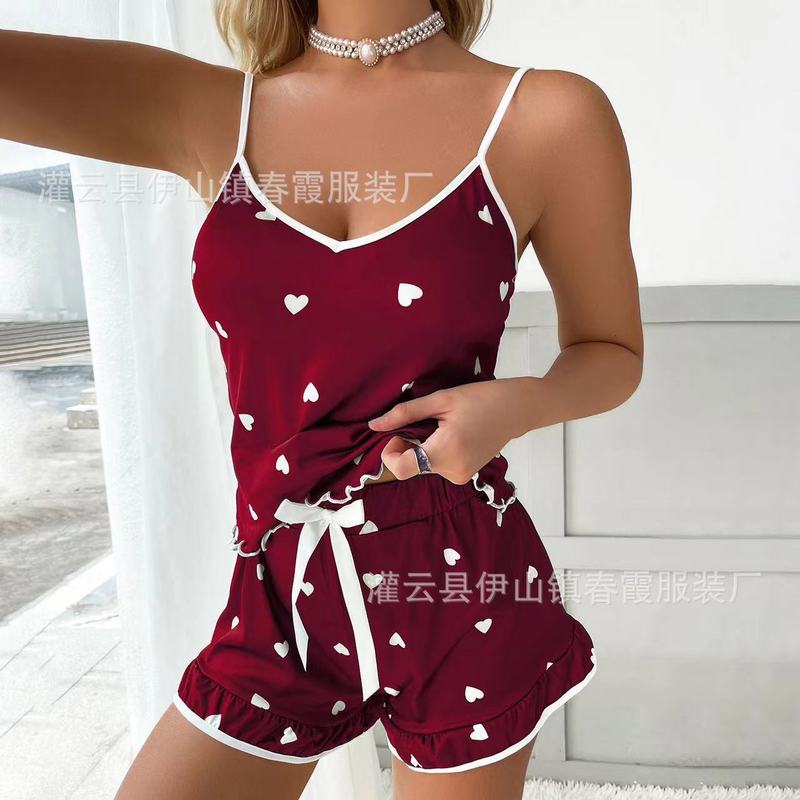 跨境欧美外贸夏季吊带家居服套装柔软垂感可爱印花睡衣女|undefined