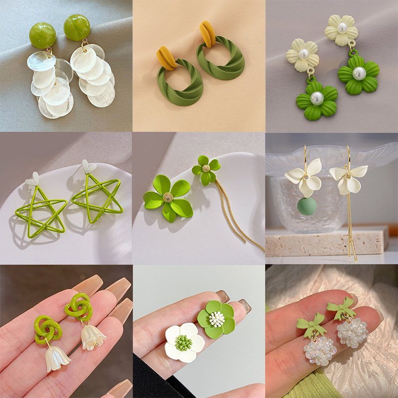 green fresh flower summer versatile stud earrings simple temperament fashion earrings super fairy tassel heart-shaped earrings for women