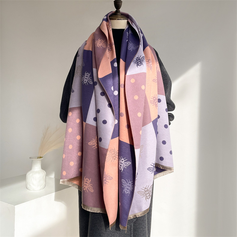 Little Bee I mitation Cashmere for Women, Thickened and Versatile Color blocked Shawl, Winter New Scarf_voghion.com