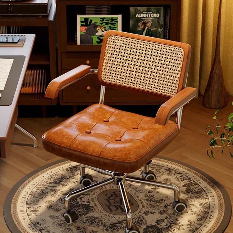 Medieval Style Computer Chair Home Retro Rattan Office Chair Sedentary Study Bedroom Lift Desk Turn J*