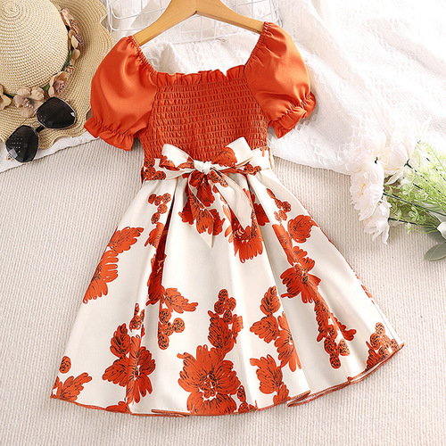 2024 Girls' Summer Dress New Children's Formal Wear Short Sleeve Printed Princess Dress European and American Children's Clothing Wholesale