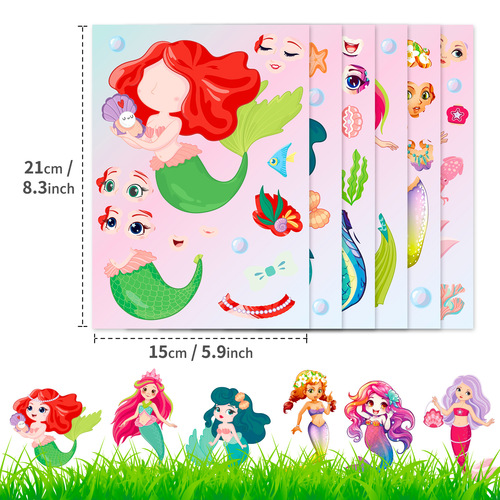 6 pieces/pack Mermaid Face Change Stickers Mermaid Princess Cartoon Parent-Child Interactive Diary DIY Puzzle Stickers