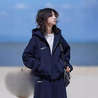 美式重磅休闲运动套装男秋冬季加绒连帽开衫卫衣宽松直筒束脚长裤