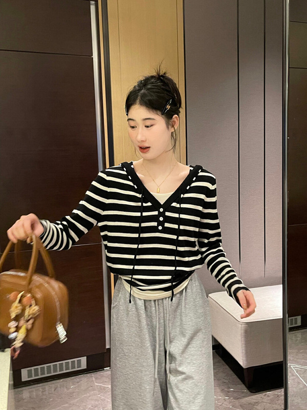 韩系假两件连帽针织衫毛衣女春秋新款设计感别致绝美卫衣长袖上衣|undefined